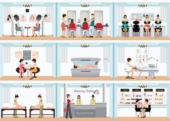 Beauty salon info graphic of people in spa and various beauty procedures.