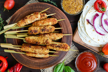 Lula-kebab is a traditional Caucasian meat dish. Chopped fried meat on skewers. Turkish cuisine.