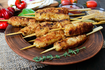 Lula-kebab is a traditional Caucasian meat dish. Chopped fried meat on skewers. Turkish cuisine.