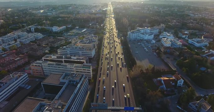 Aerial footage of Madrid city highway. Spain. Espana