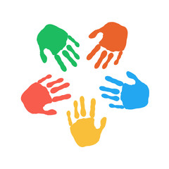 Colorful hand prints on white background