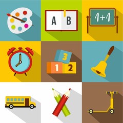 School time icon set, flat style