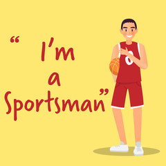 Sportsman character with basketball on yellow background