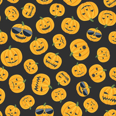 Seamless pattern from colorful cartoon emotion, smiling pumpkins