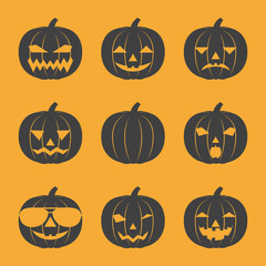 Set of contour cartoon icons of emotional, smiling pumpkins
