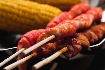 fried corn and fried shish kebabs