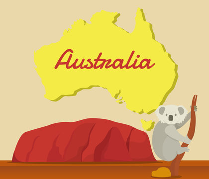 Koala climbing tree with Australia map for traveling