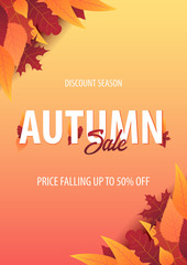 Autumn Background with leaves for shopping sale or promo poster and frame leaflet or web banner. Vector illustration template.