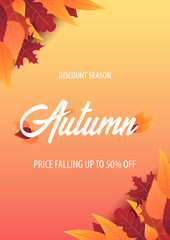 Autumn Background with leaves for shopping sale or promo poster and frame leaflet or web banner. Vector illustration template.