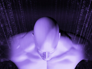 3D rendering of Human head on a background with binary code