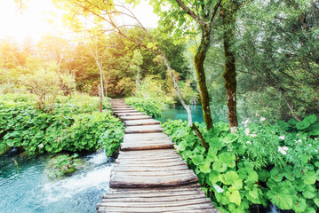 Plitvice Lakes National Park, tourist route on the wooden flooring along the waterfall