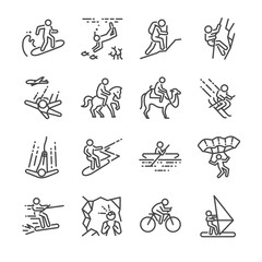 Travel activities line icon set. Included the icons as sailing, skiing, parachute, horse riding, biking, cycling and more.