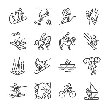 Travel activities line icon set. Included the icons as sailing, skiing, parachute, horse riding, biking, cycling and more.