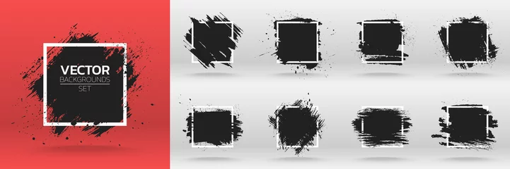 Tuinposter Grunge achtergronden instellen. Borstel zwarte verf penseelstreek over vierkante frame. vector illustratie © grumpybox