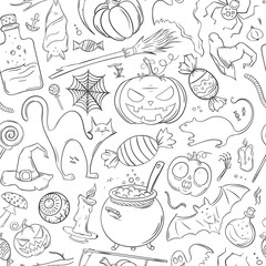 Seamless hand drawn pattern with Halloween attributes. Halloween theme for greeting card, wrapping paper, textiles. Vector illustration.
