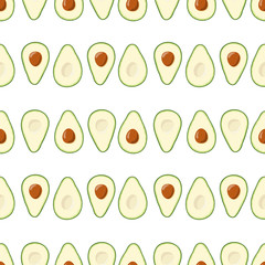 Seamless pattern with sliced avocado. Halves of green ripe avocado with seed arranged in lines on white background. Vector seamless pattern.