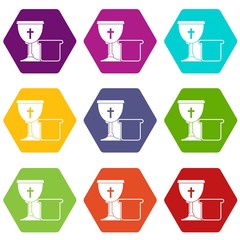 Bowl and bread icon set color hexahedron