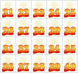 Set of gold numbers from 21 to 40 and the word of the year on the background of a red ribbon. Vector illustration.