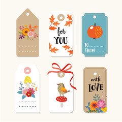 Retro set of cute autumn, fall gift tags and labels with flowers, bird, oak leaves and fly mushroom. Isolated vector illustration objects.