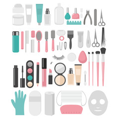 Flat design elements of cosmetology, hairdressing, makeup and manicure. Spa Tools and equipment set. Cosmetic Instrument isolated. Scissors, brushes and devices
