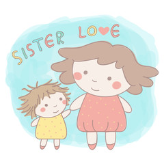 Cute vector hand drawn style illustration of two adorable little sisters holding hands