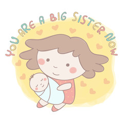Cute vector illustration of sweet little girl holding her newborn baby brother or sister, colorful hand drawn style