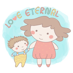 Cute vector illustration with little sister and baby brother or sister holding hands in colorful hand drawn style