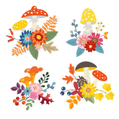 Set of hand drawn bouquets made of mushrooms, colorful leaves and flowers. Autumn, fall floral composition. Isolated vector objects.