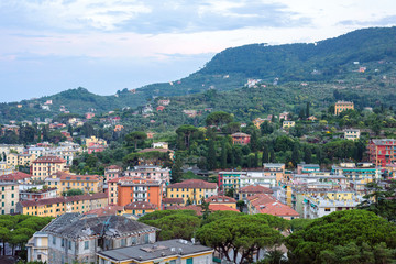Obraz premium Beautiful sunset view to Santa Margherita Ligure city, blue sky and sea in Italy