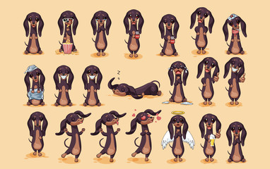 Set kit vector stock illustration emojis of cartoon character dog talisman, phylactery hound, mascot pooch, bowwow dachshund stickers emoticons German badger-dog with different emotions