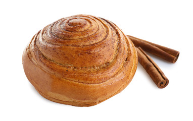 Sweet cinnamon roll and sticks on white background