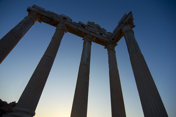 Temple of Apollo with a beautiful sunset background, in Side, Antalya, Turkey.