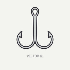 Line flat color vector fisher and camping icon fishing hook. Fisherman equipment. Retro cartoon style. Holiday travel. Spinning. Boat. Nature. Illustration and element for your design and wallpaper.