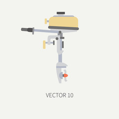 Plain flat color vector fisher and camping icon outboard motor. Fisherman equipment. Retro cartoon style. Holiday travel. Spinning. Boat. Nature. Illustration and element for your design and wallpaper