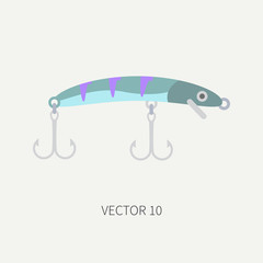Plain flat color vector fisher, camping icon fishing hook, baubles, wobbler. Fisherman equipment. Retro cartoon style. Holiday travel. Spinning. Illustration and element for your design and wallpaper.