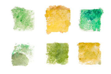 Green watercolor paint stains, isolated on white