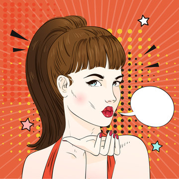 Pop art surprised blonde woman with retro hairstyle sends an air kiss. Comic woman with speech bubble. Vector illustration.