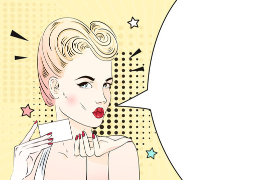 Pop art blonde woman with retro hairstyle sends an air kiss and holds visit card. Comic woman with speech bubble. Vector illustration.