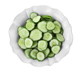 Fresh cucumber slices on plate, isolated on white