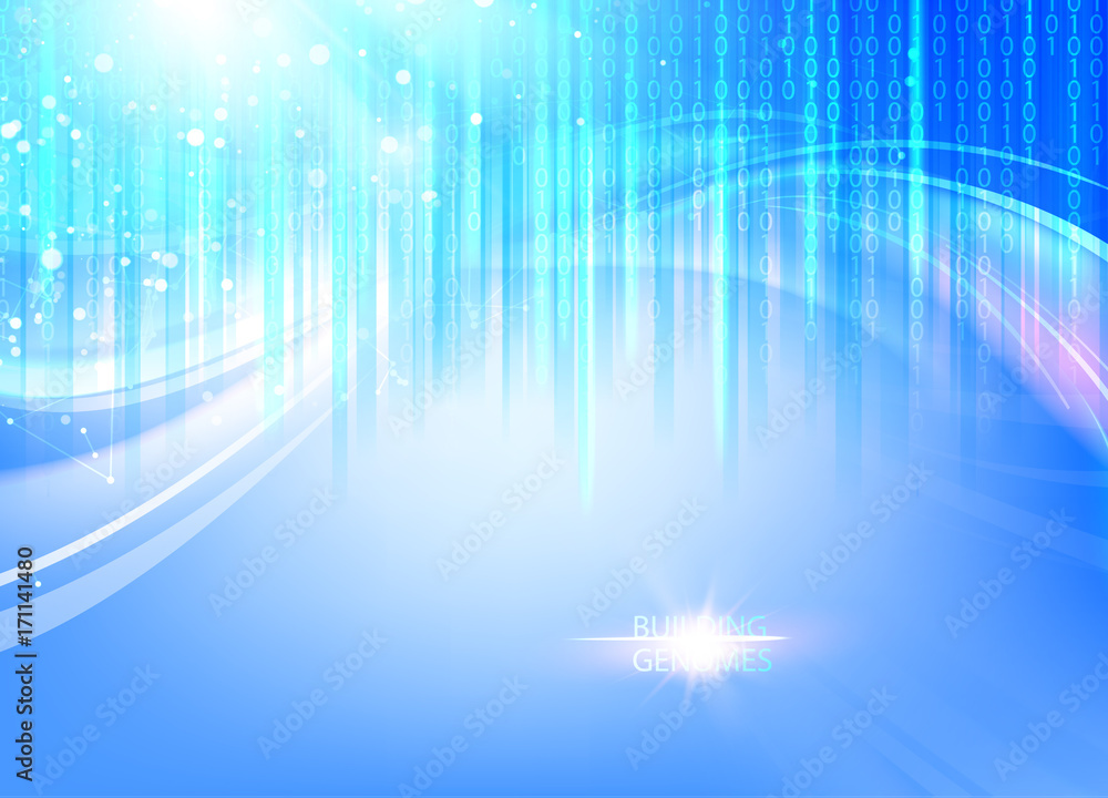 Poster Abstract blue lights background. Abstraction for science presentations. Bigdata array of fallen digits in matrix style. Abstract futuristic background. Vector illustration.
