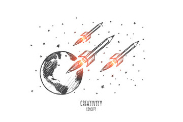 Creative team concept. Hand drawn rockets flying in cosmos. Rockets as symbol of fantasy flight isolated vector illustration.