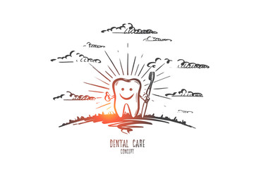 Dental care concept. Hand drawn human teeth with happy smile. Tooth brush isolated vector illustration.