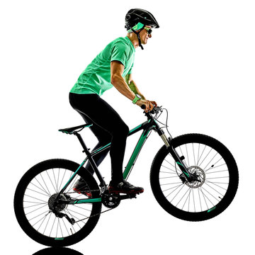 one caucasian man practicing man mountain bike bking isolated on white background with shadows