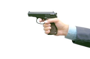 Man in suit hand with gun isolated. Killer.