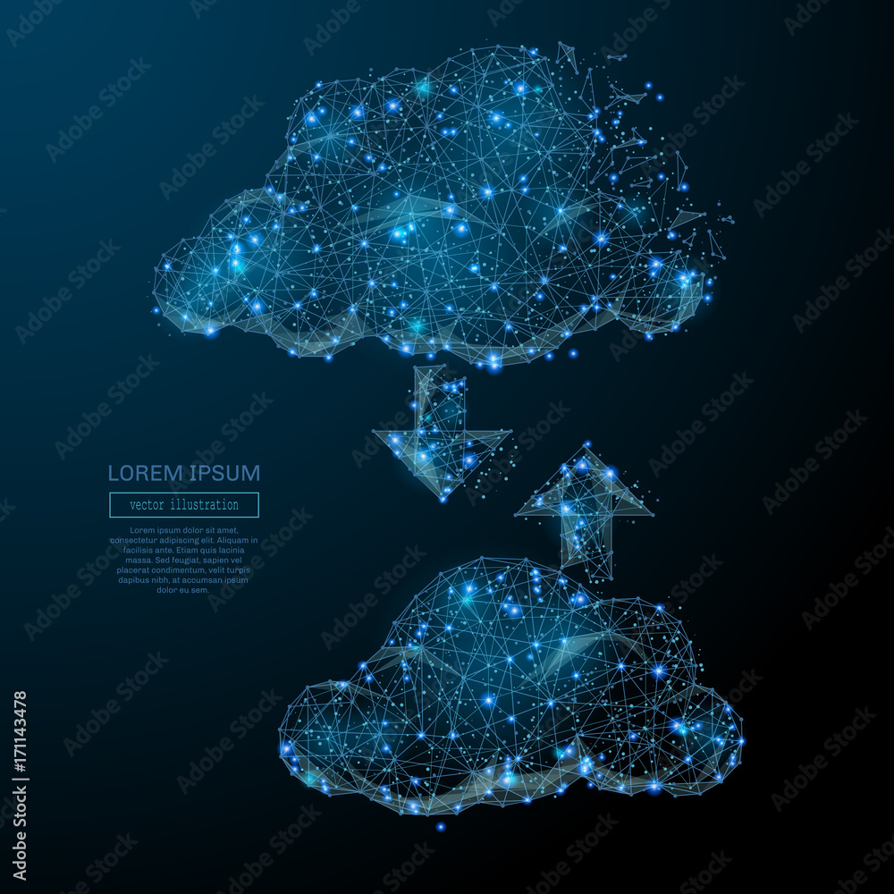 Aufkleber cloud service concept composed of polygons. Low poly vector illustration of a starry sky or Comos. The shield consists of lines, dots and shapes.