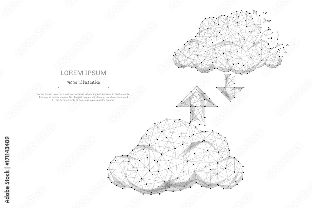 Aufkleber CLOUD service isolated from low poly wireframe on white background. Tochnology and internet. Vector abstract polygonal image mash line and point with destruct shapes.
