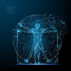classic proportion man low poly wireframe. Vector polygonal image in the form of a starry sky or space, consisting of points, lines, and shapes in the form of stars with destruct shapes - obrazy, fototapety, plakaty