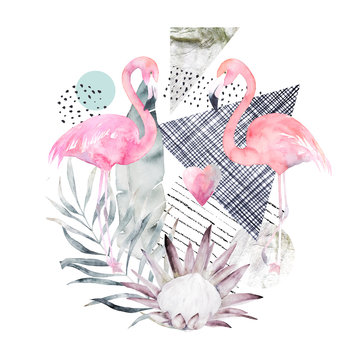 Abstract geometric poster with flamingo and protea. Summer tropical design. Hand drawn illustration