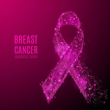 breast cancer awareness month. Abstract pink ribbon isolated on white background. Low poly wireframe digital illustration with destruct shapes. Vector polygonal image.