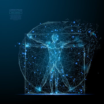 classic proportion man low poly wireframe. Vector polygonal image in the form of a starry sky or space, consisting of points, lines, and shapes in the form of stars with destruct shapes